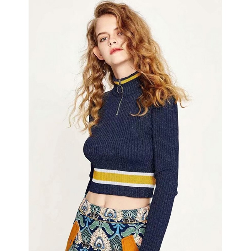 Fashion Navy Zipper Decorated Sweater