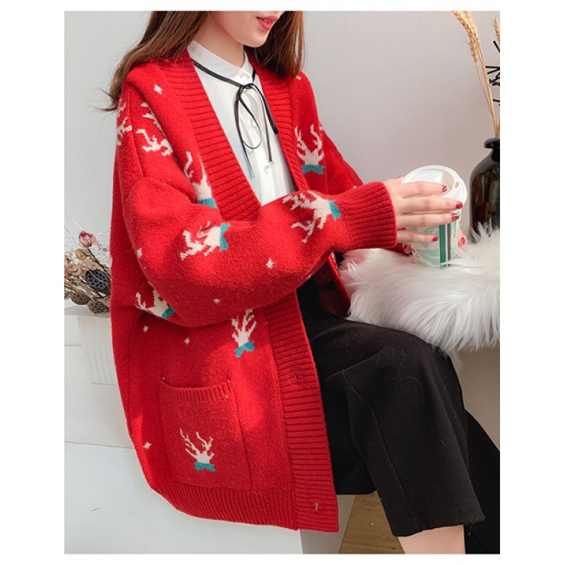 Fashion Red Deer Head Pattern Decorated Coat