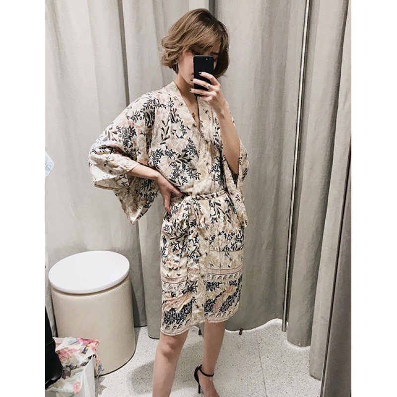 Fashion Beige Flower Pattern Decorated Dress