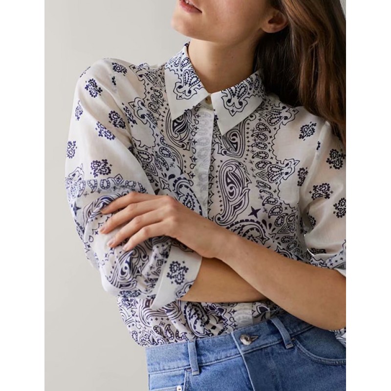 Fashion White Flowers Decorated Long Sleeves Shirt