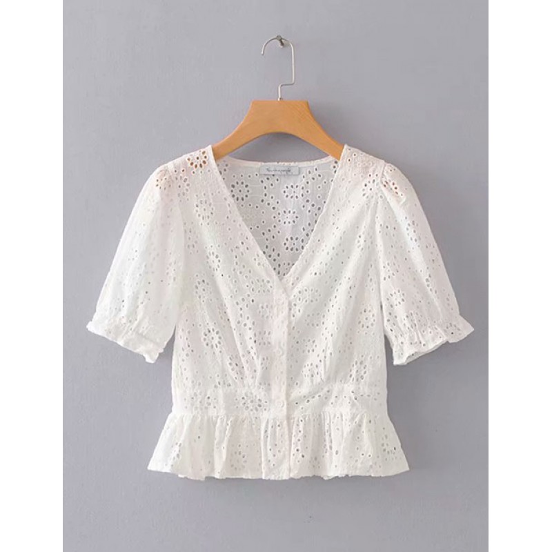 Fashion White V Neckline Design Hollow Out Blouse