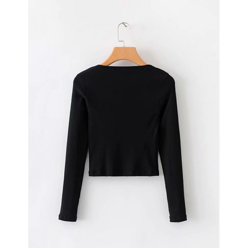 Fashion Black Pure Color Design Knitting Blouse