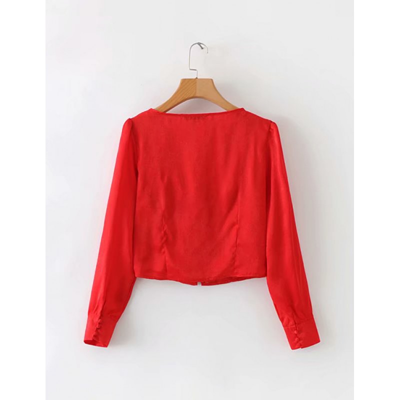 Fashion Red Pure Color Design Long Sleeves Blouse