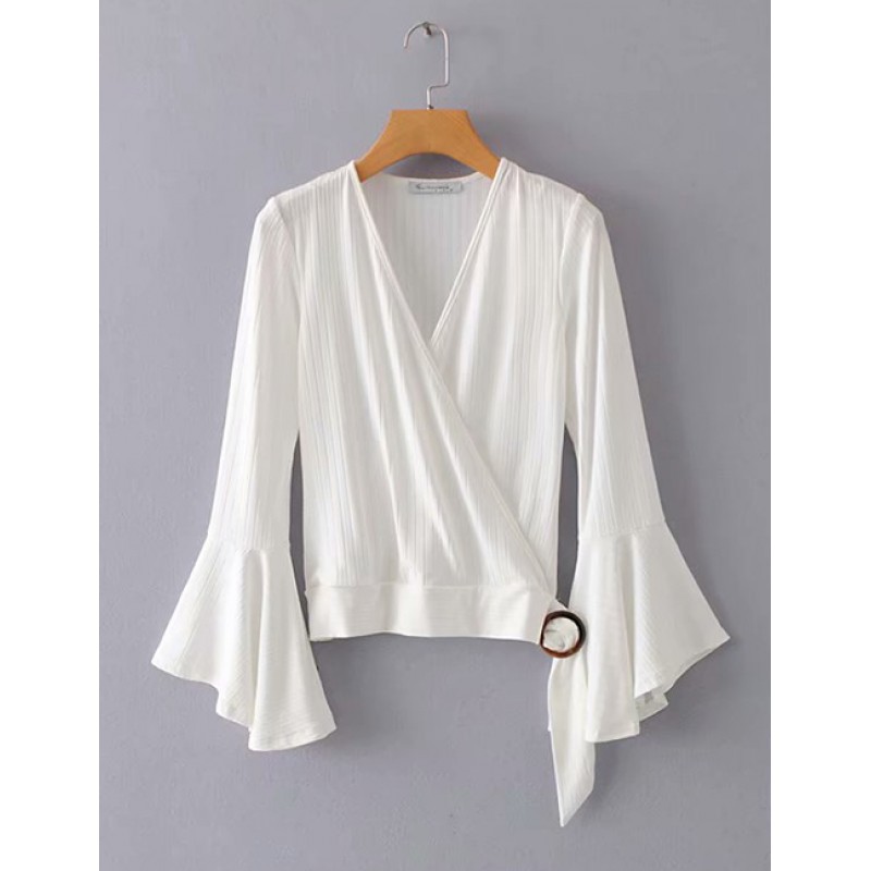 Fashion White V Neckline Design Pure Color Blouse