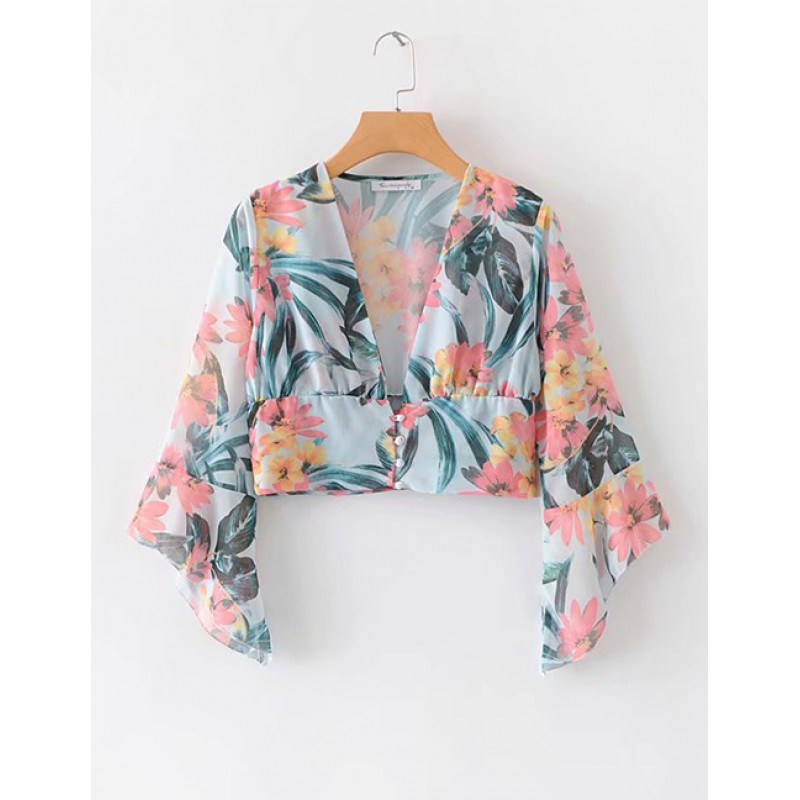 Fashion Multi-color Leaf Pattern Decorated V Neckline Blouse