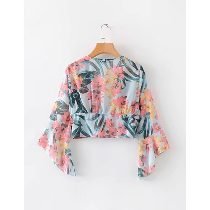 Fashion Multi-color Leaf Pattern Decorated V Neckline Blouse