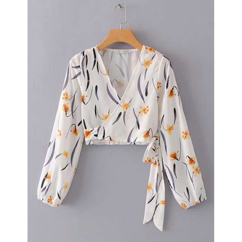 Fashion White Flowers Decorated V Neckline Shirt