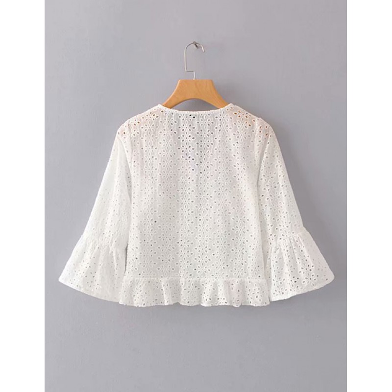 Fashion White Hollow Out Design V Neckline Blouse