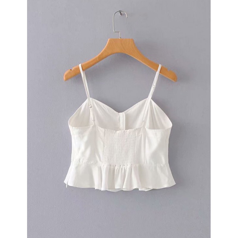 Fashion White Pure Color Decorated Suspender Blouse