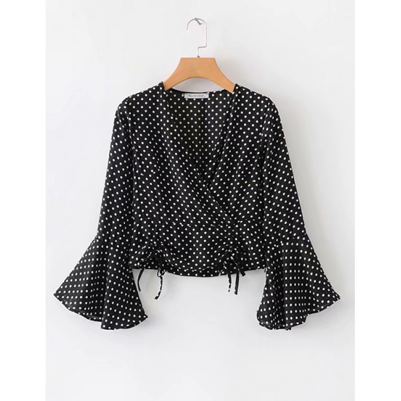 Fashion Black Dots Pattern Design V Neckline Blouse