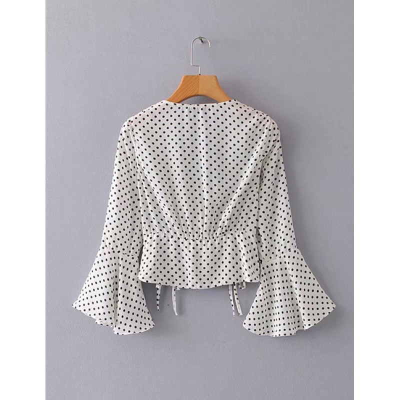 Fashion Black Dots Pattern Design V Neckline Blouse