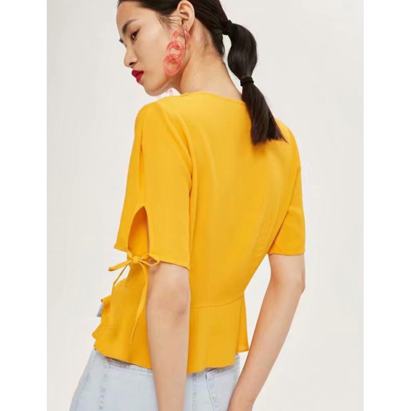 Fashion Yellow V Neckline Design Pure Color Blouse