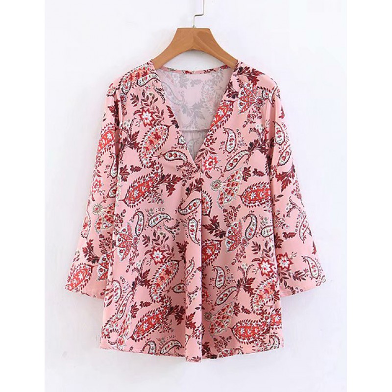 Fashion Pink Flowers Decorated V Neckline Blouse