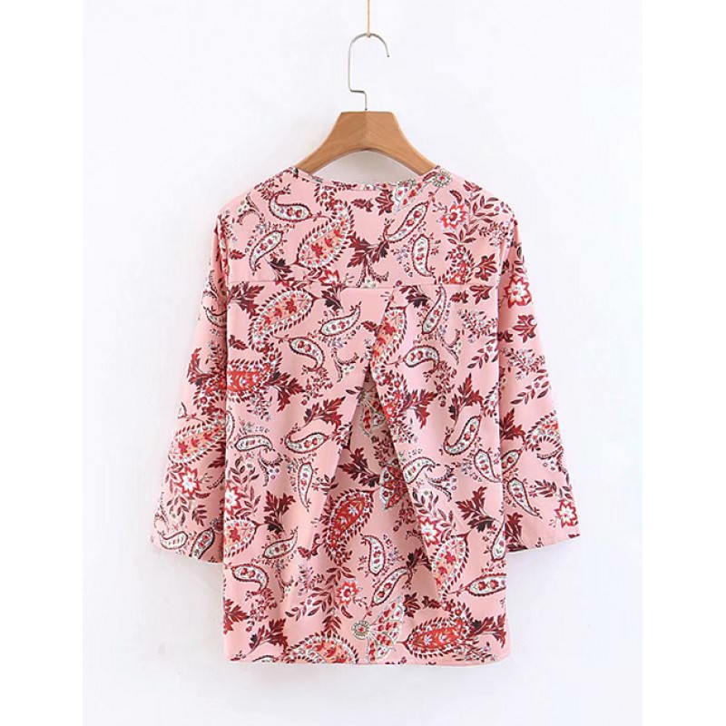 Fashion Pink Flowers Decorated V Neckline Blouse