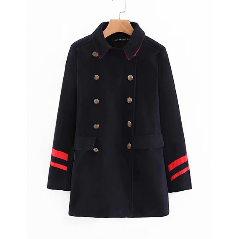 Fashion Dark Blue Buttons Decorated Long Sleeves Overcoat