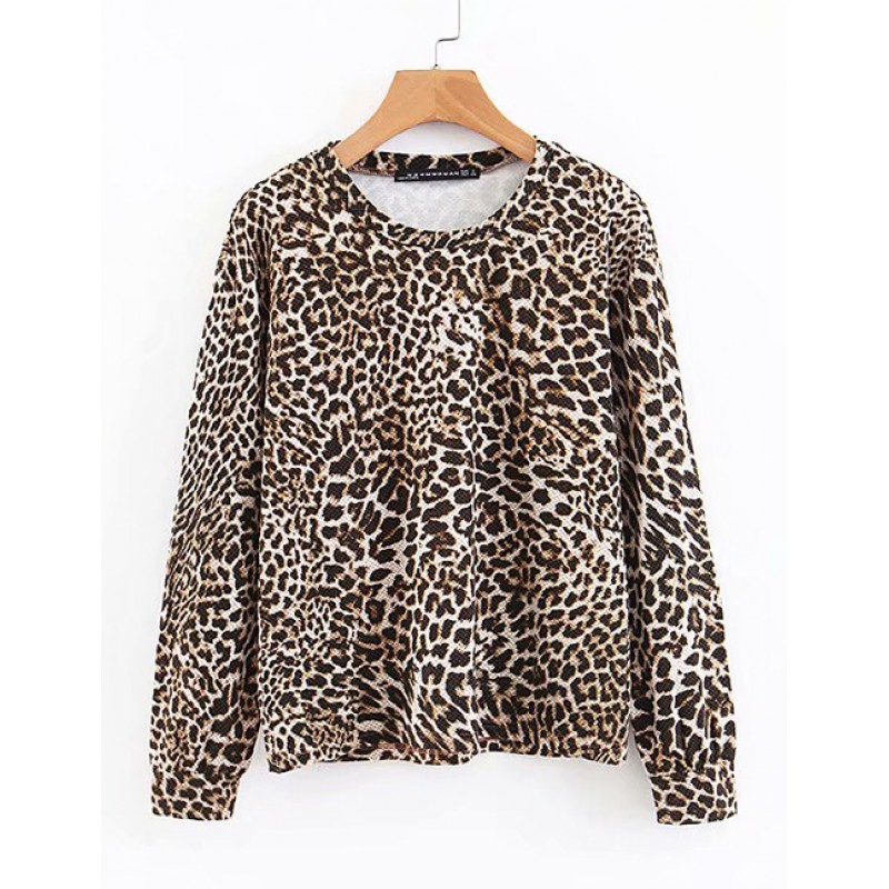 Fashion Brown Leopard Pattern Decorated Simple Sweater